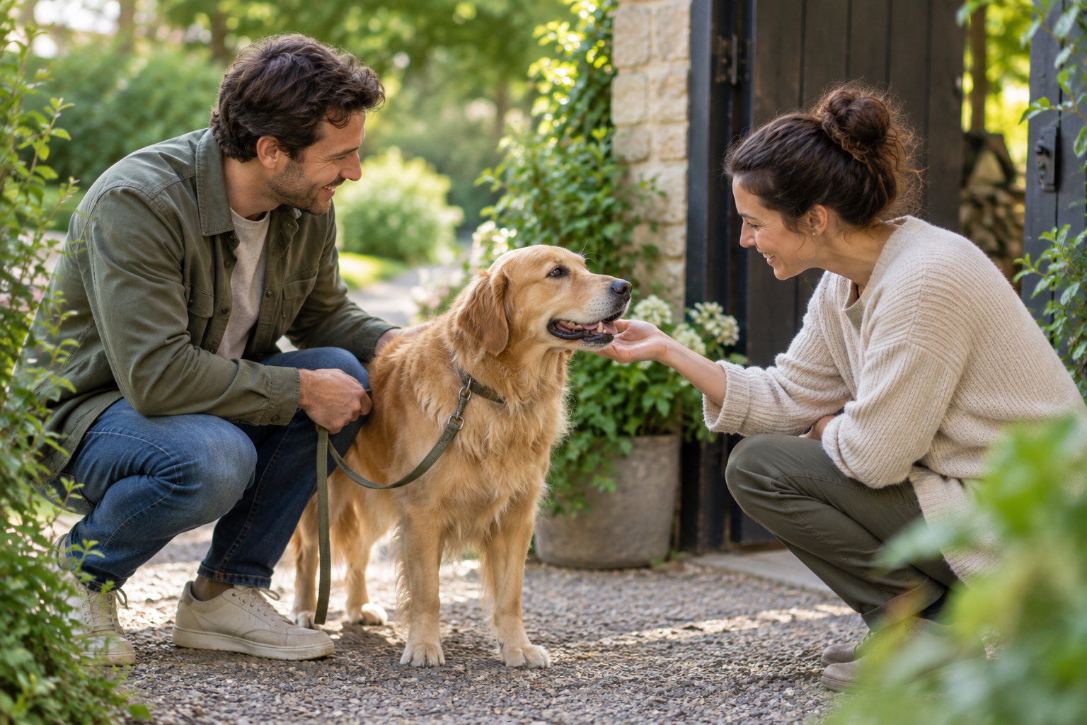 A guardian and caregiver greeting a golden retriever in a garden