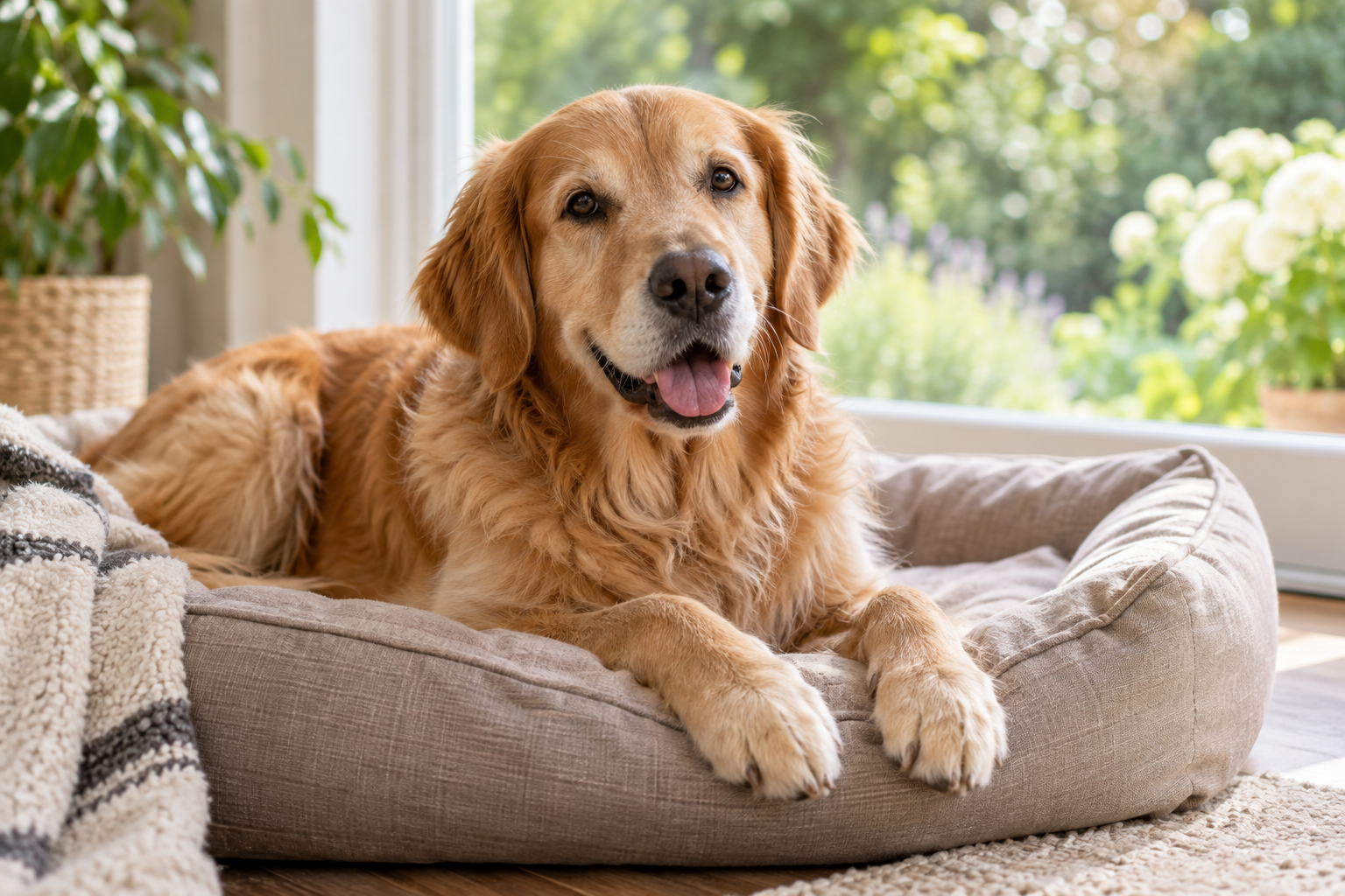 A relaxed golden retriever resting by a sunlit window